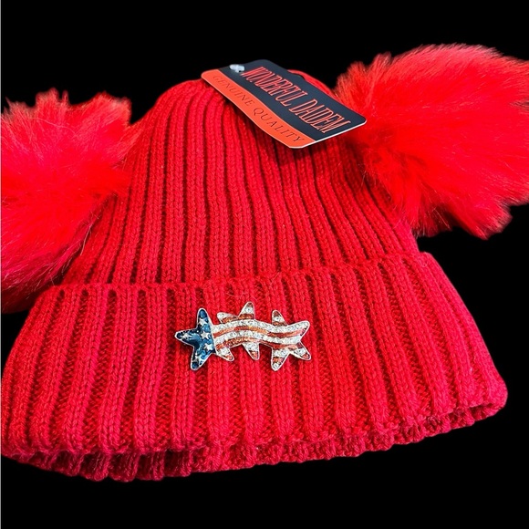 Beanie and brooch bundle! NWT double Pom Pom hat paired with vintage bro… - Picture 2 of 5